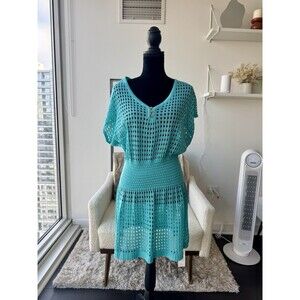 Cupshe Turquoise Crochet Knit Cutout V-Neck CoverUp Mini Dress Size XL NWT!